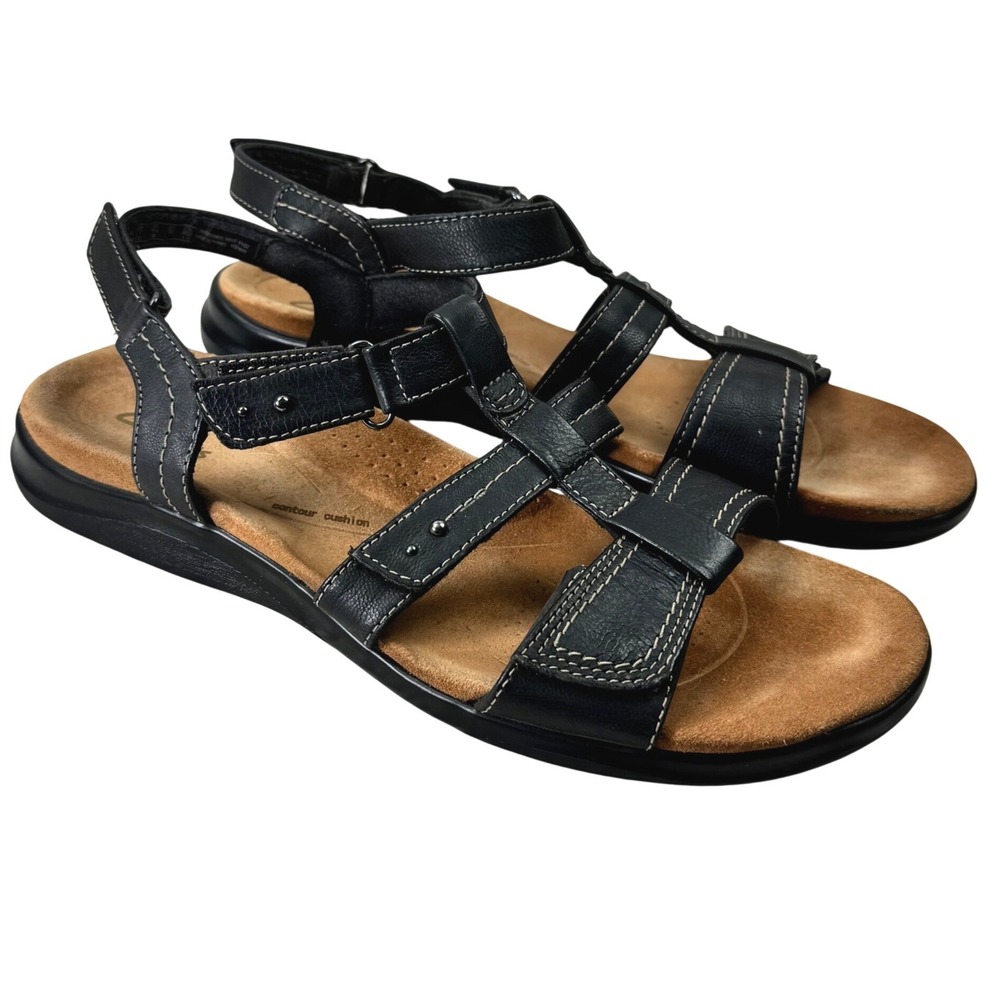 Clarks Kilty Step Strappy Leather Sandals Women 9.5 Black Travel Comfort Walking